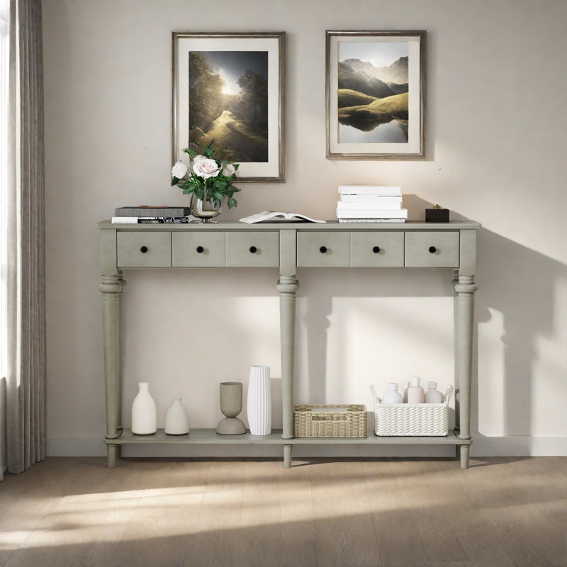 Table d'entrée avec 4 tiroirs, console rétro avec tablette ouverte pour les entrées, les salons et les couloirs, Gris délavé