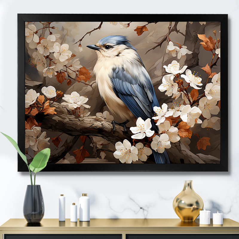 «Blue Floral Ethereal Bird» - art mural oiseau, Cadre d'angle fermé noir, H 12 po x l 20 po x P 1 po