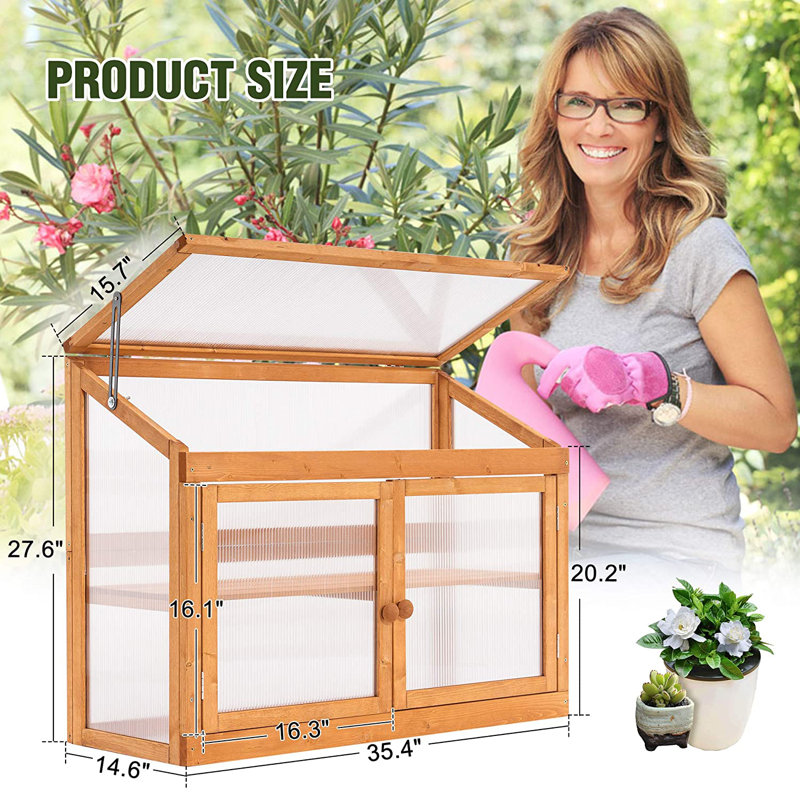 35.4" W x 14.6" D 2-Tier Wooden Cold Frame Garden Greenhouse, Medium Yellow