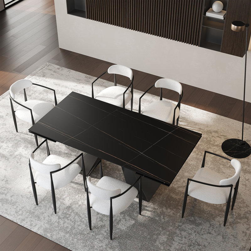 Ensemble de table de salle à manger 9 pièces Recline avec table de salle à manger extensible en pierre frittée de 110,23 po et 8 chaises en tissu