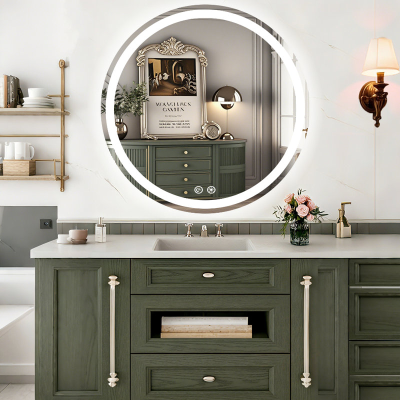 Round Bathroom Lighted Vanity Mirror with Defogger – Wall-Mounted Vanity Mirror with Touch Control, Dimmable Lighting & Adjustable Color