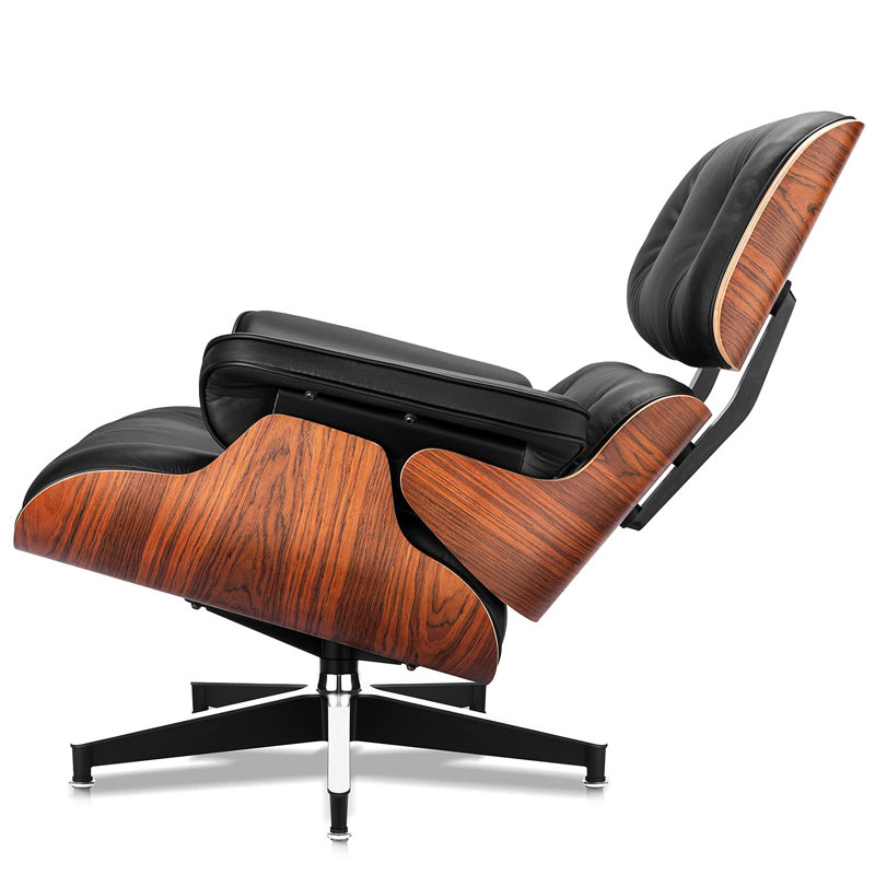 Black and Pallsander Leather Swivel Chaise Lounge Chair with Ottoman