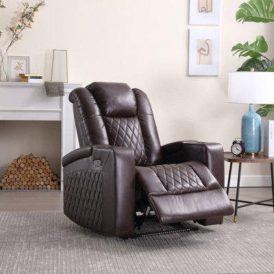 34.6"Wide Faux Leather Power Reclining Home Theater Seating Chair with Arm Storage&Dual Cup Holders&USB Charging Port&Ambient Lighting