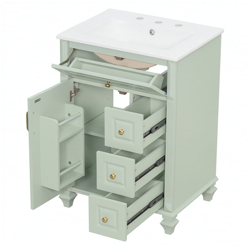 Meuble-lavabo autoportant de 24 po avec lavabo en céramique, tiroir escamotable et plusieurs solutions de rangement, fabrication en bois massif et en panneau de fibres à densité moyenne