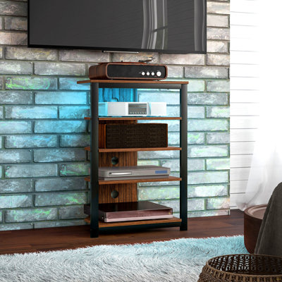 Meuble télé à DEL, centre de divertissement avec tablettes de rangement et structure en acier, brun