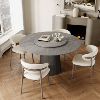 5PCS Mid-Century Sintered Stone Round Dining Pedestal Table Set With Turnable Lazysuan & Modern Stylish PU Upholstered Chairs
