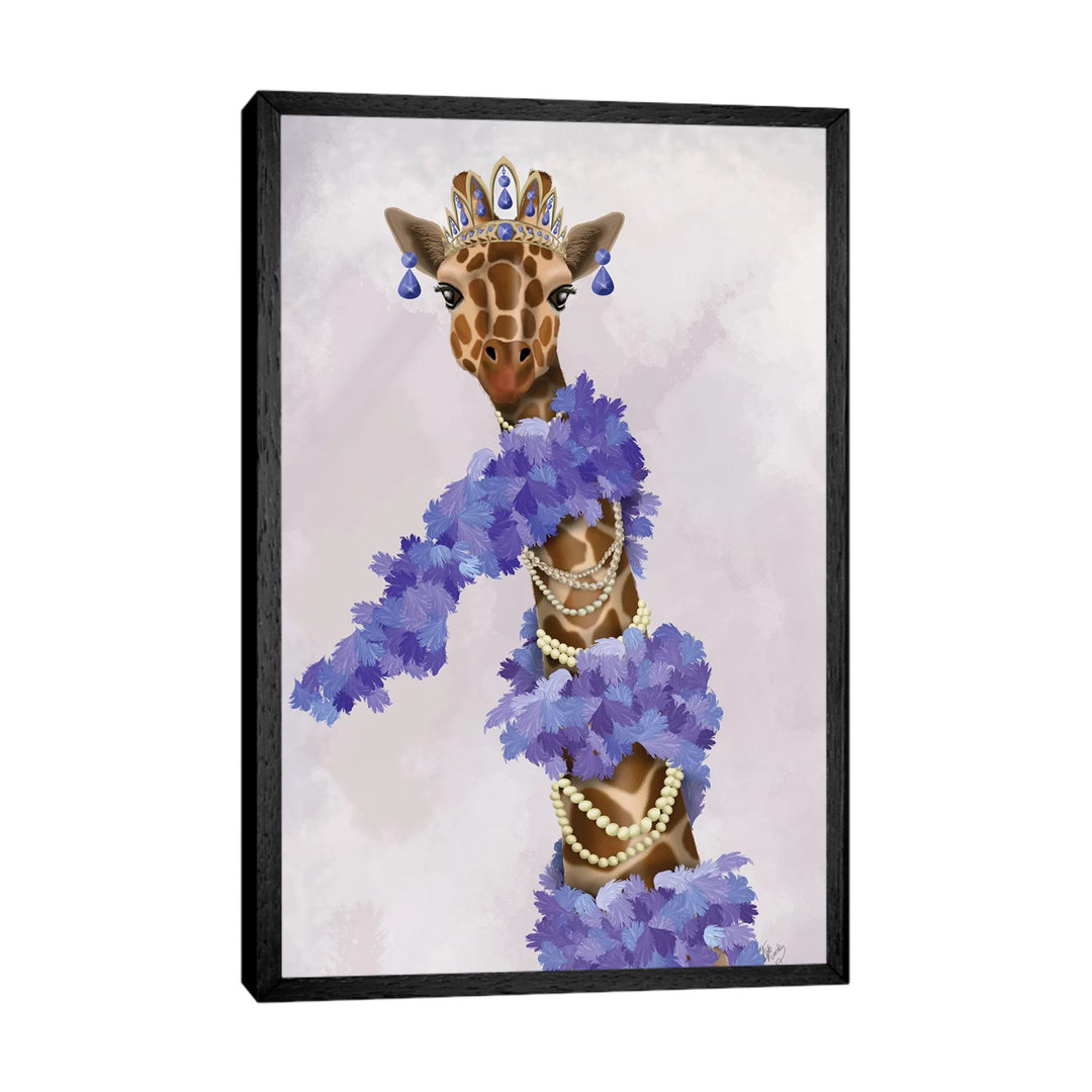 'Giraffe with Purple Boa I' - Floater Frame Graphic Art Print on Canvas