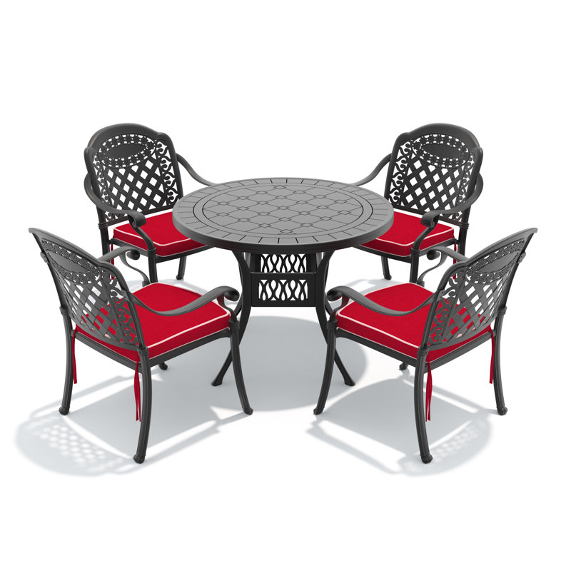 Ensemble de 5 meubles de patio en aluminium coulé avec cadre noir et coussins de siège rouges
