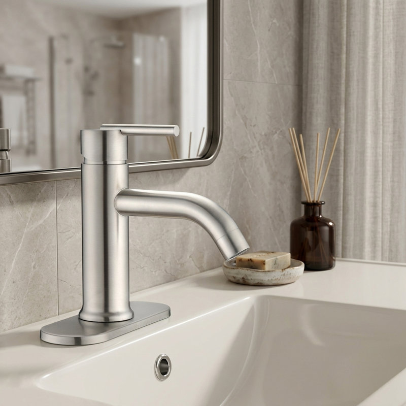 Robinet de salle de bain monocorps et monocorps TJAAA237 avec plaque de pont incluse et résistant aux taches en nickel brossé