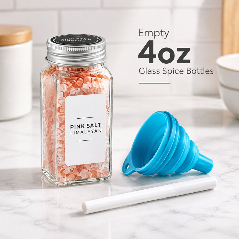 24-Piece 4oz Empty Glass Spice Jars Set, Minimalist Farmhouse Spice Label Stickers with Funnel, Seasoning Containers for Spice Rack, Cabinet and Drawer