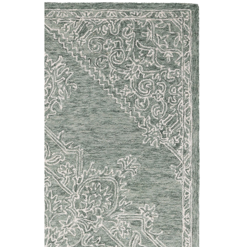 Niti Hand Tufted Wool/Cotton Floral Rug in Green/Ivory, Runner 2'3" x 8'