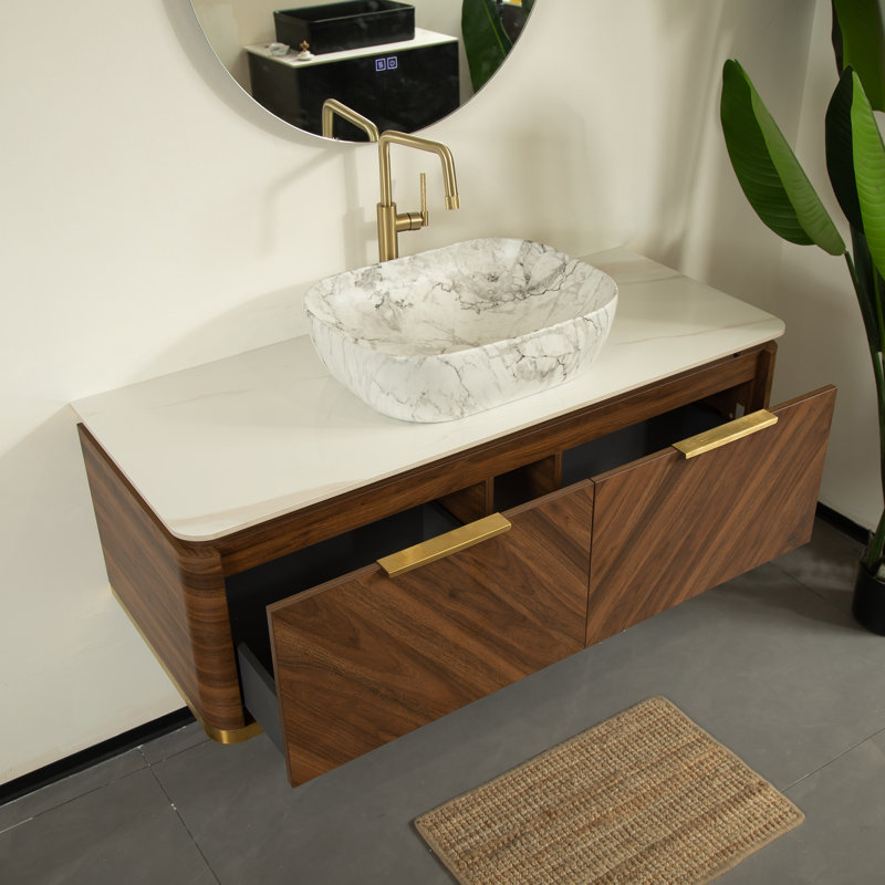 Absher 48" Floating Bathroom Vanity with Rectangle Marble Vessel Sink,Sensor LED,And Drawer, Espresso Or Walnut Finish