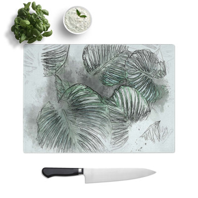 Glass Gathered Green Plant Leaves in Abstract Chopping Board