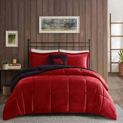 Édredon avec coussin rouge et noir en duvet synthétique et 2 taies décoratives noires