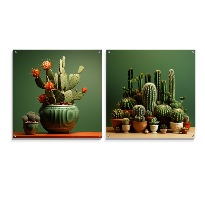 Cactus Jade Juxtaposition - Ensemble de 2 verres muraux en acrylique Cactus, H 16 po x l 33 po