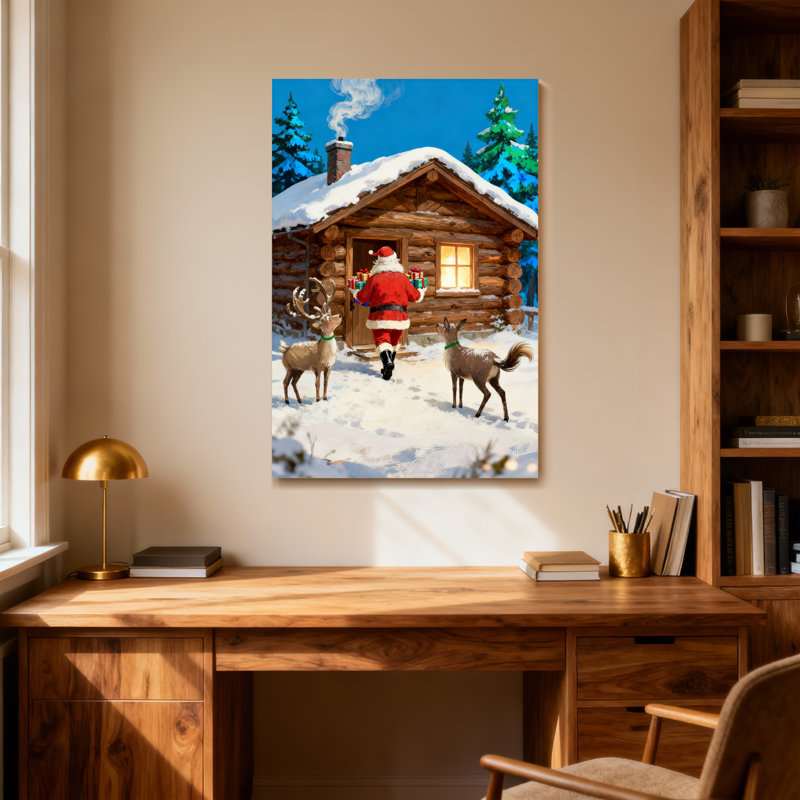 Noël père Noël marchant avec un renne près d'une cabane, H 40 po x l 28 po