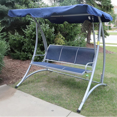 Balancelle de véranda, balançoire de patio avec auvent réglable, siège respirant et structure en acier pour le jardin, la piscine, la cour arrière, bleu