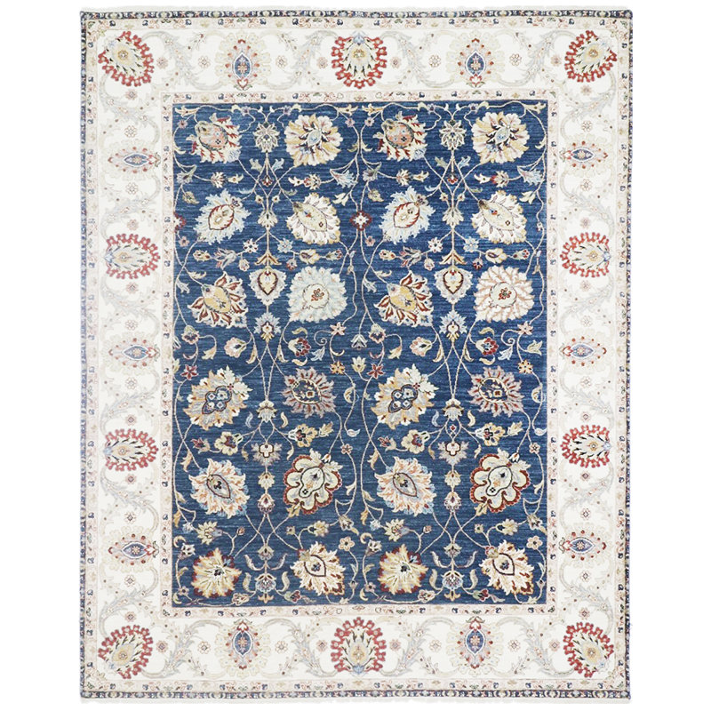 Tapis bleu marine / ivoire de haute qualité noué à la main, Rectangle 8 pi x 10 pi