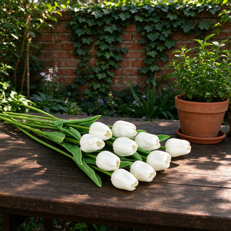 Tulipes artificielles - 12 tiges de fleurs de faux tulipes blanches avec feuilles vertes, 5,5 x 2,8 x 2,0 po