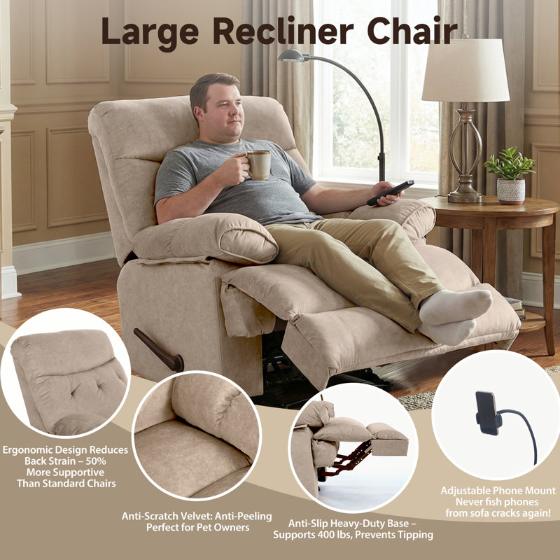 39.76'' Wide Oversized Recliner, Manual Recliner Adults Soft Overstuffed Arms And Back,velvet Recliner Chair, Recliner Chairs For Adults 400lbs, Extra Wide Recliners, Large Recliner Chair For Living Room, Bedroom-Beige(set Of2)