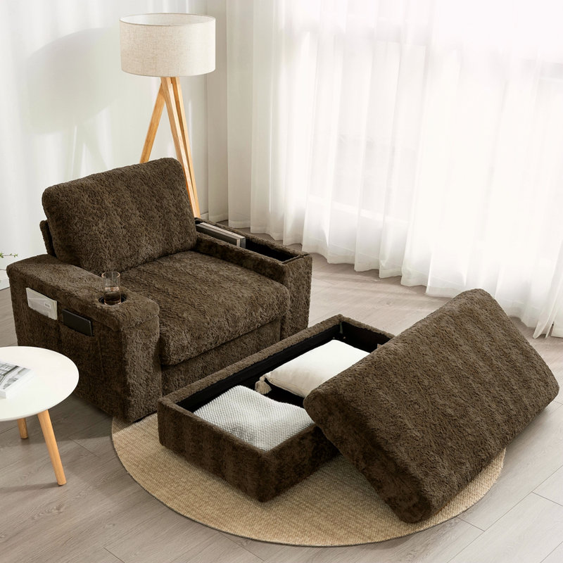 Canapé simple surdimensionné de 42 po, fauteuil en fausse fourrure de lapin avec porte-gobelets, méridienne rembourrée avec repose-pieds avec rangement et accoudoirs, canapé-lit avec siège profond pour le salon, appartement