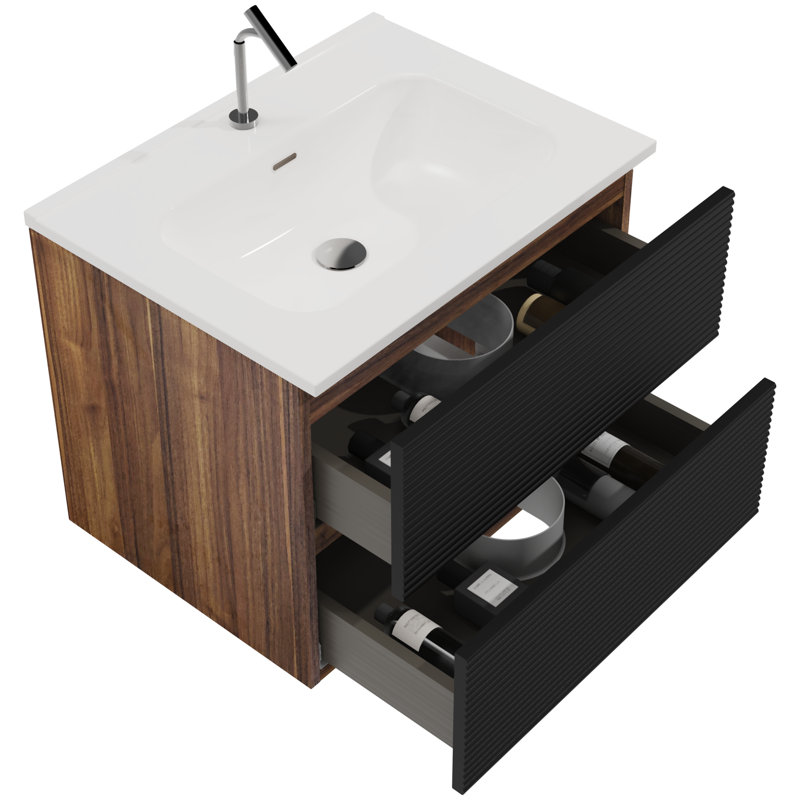 Meuble-lavabo spacieux en noir et noyer avec lavabo, solution de rangement moderne