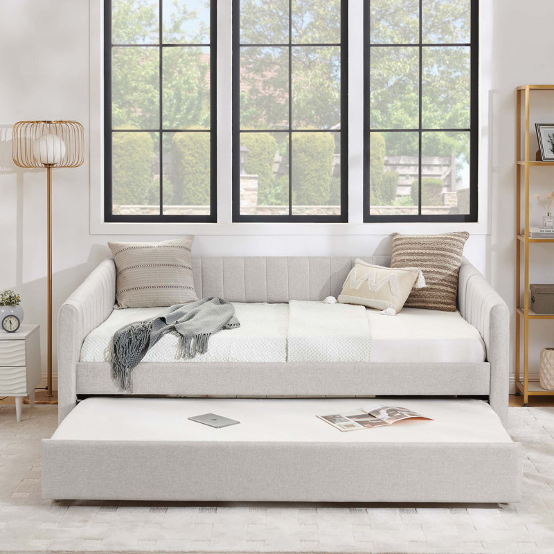 Daybed with Trundle Upholstered Sofa Bed, Beige, Full/Double