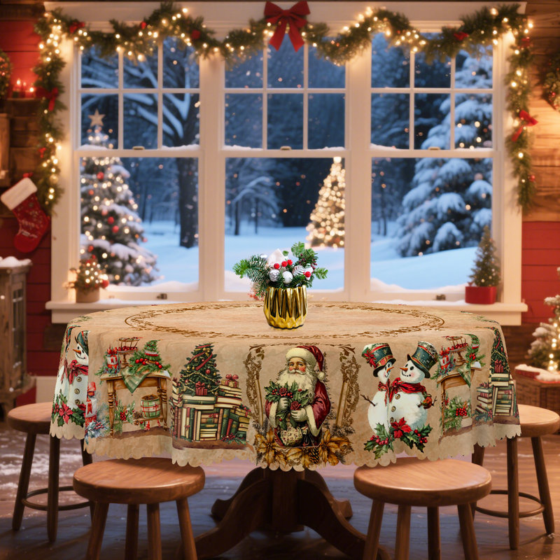 1pc Christmas Themed Print Tablecloth, Round/Rectangular Table Cloth, Mantel Para Mesa De Comedor, Xmas Decor, Holiday Party Indoor Dining Decor, Round Rectangle Christmas Table Cover, Festive Home Kitchen Accessory Gifts, Several Sizes Available