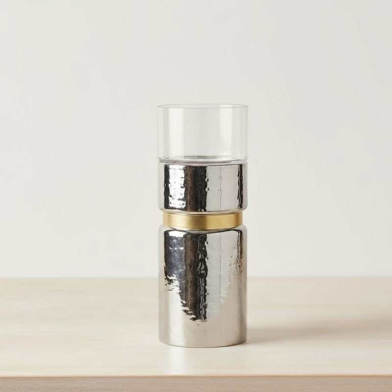 Vase porte-bougie de table argent, vase porte-bougie argent et verre
