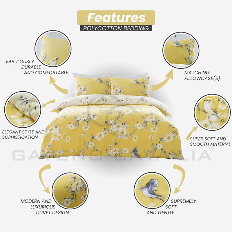 Birdie Blossom Duvet Cover and Pillowcases Set, Polycotton, Machine Washable, Soft Yarn Bedding