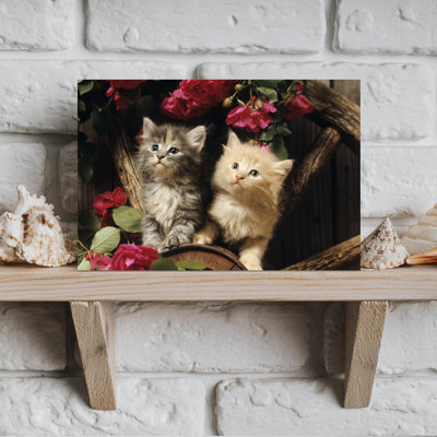 1980S Two Kittens Climbing On Wagon Wheel Amid Wild Red Roses Classic Retro Vintage Cat Rose Landscape Nature Wall Art