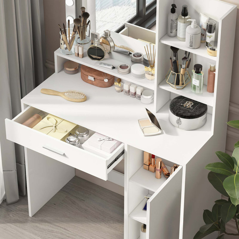 Bureau de coiffeuse avec miroir et lumière, grand tiroir, commode de rangement à trois niveaux, 3 modes d'éclairage à luminosité réglable, coiffeuse de chambre à coucher
