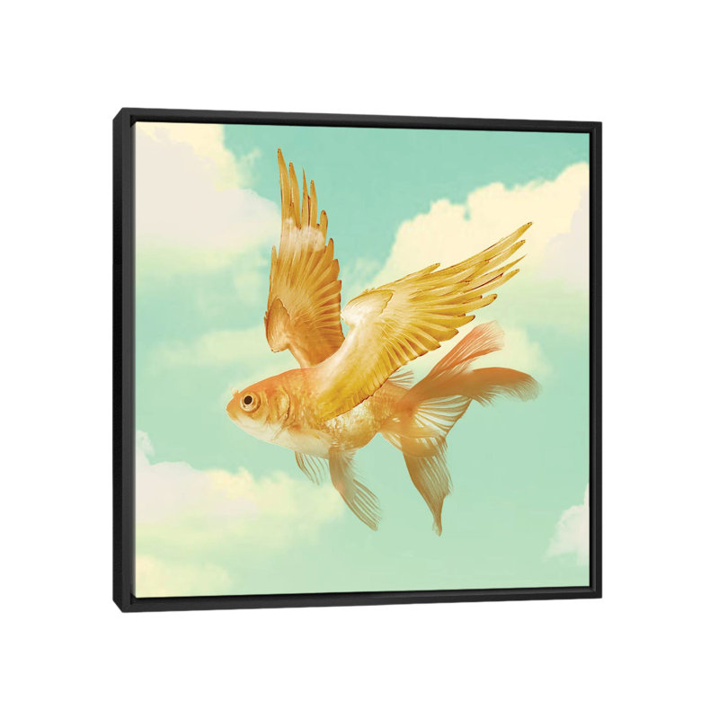 « flying un poisson rouge » par vin zzep, impression sur toile tendue, H 18 po x l 18 po x P 1,5 po, Toile avec cadre noir