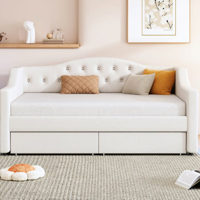 Twin Xl Upholstered Daybed With Beige Linen, Led Belt, 2 Drawers, And No Box Spring - Fit For Bedroom Ambiance Linen In Lighting, Storage Minimalist Design