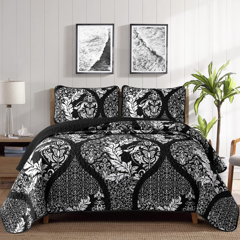 Ensemble de couvre-lit 3 pièces Boho, Noir, Courtepointe de grande taille et 1 taie d'oreiller