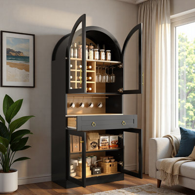 Armoire de bar Mid-Century arquée avec tablette réglable, grand tiroir, 5 crochets, 9 supports à vin, 3 porte-verres et portes en verre trempé
