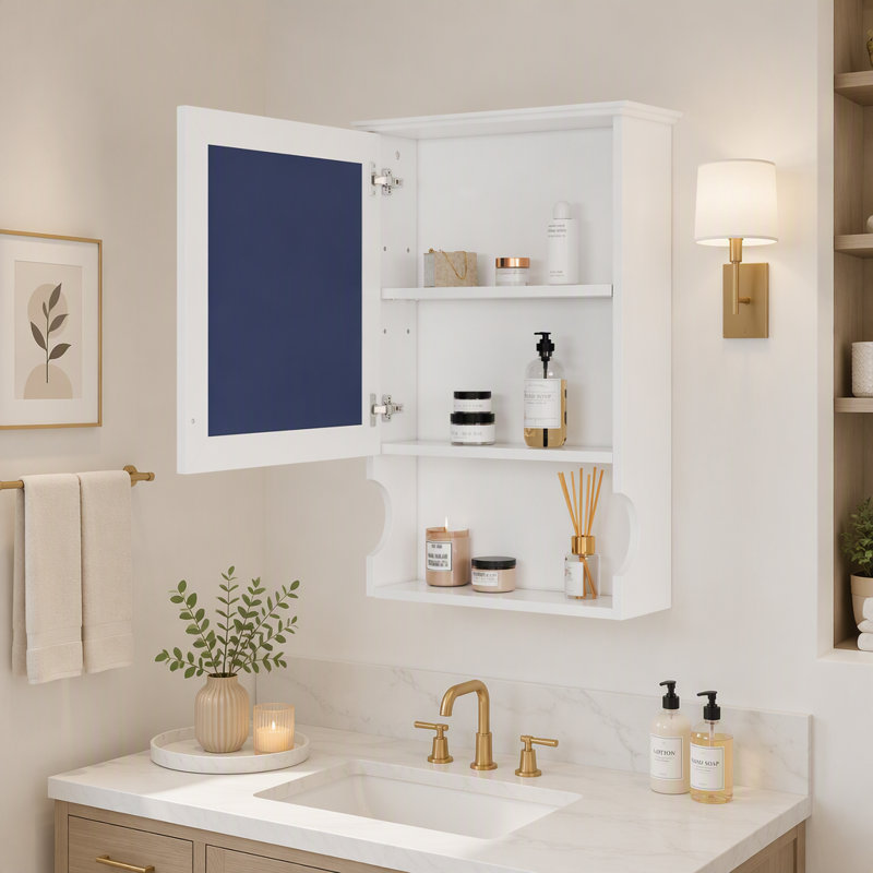 Armoire de salle de bain murale à miroir avec rangement et charnières à fermeture douce, Blanc