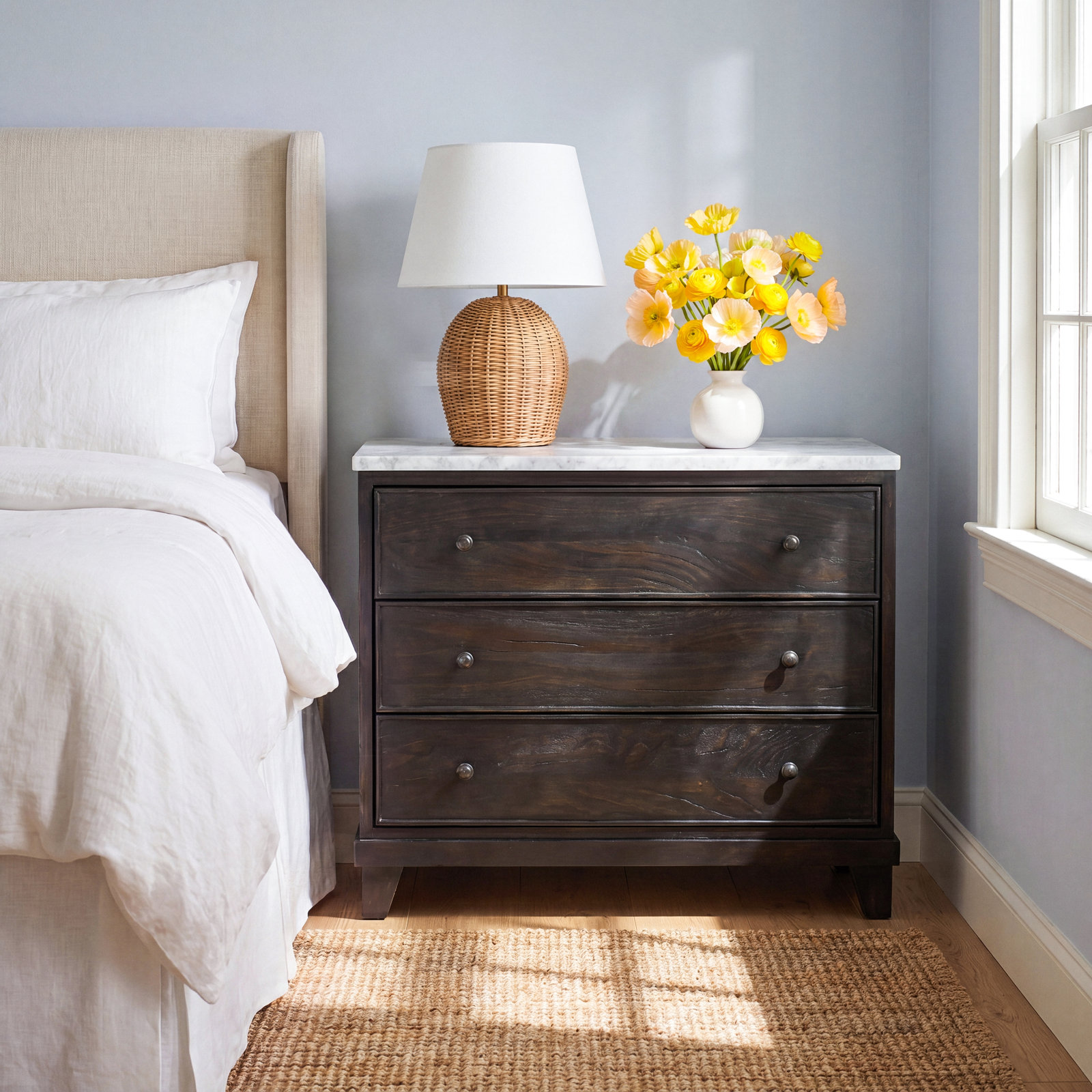 Elson 3 Drawer Marble Nightstand, Brown/White
