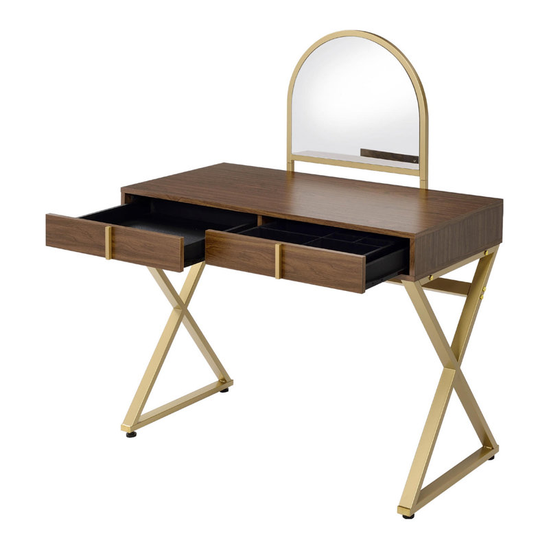 2 Drawers Vanity Desk with Mirror and Jewelry Tray, Walnut and Gold
