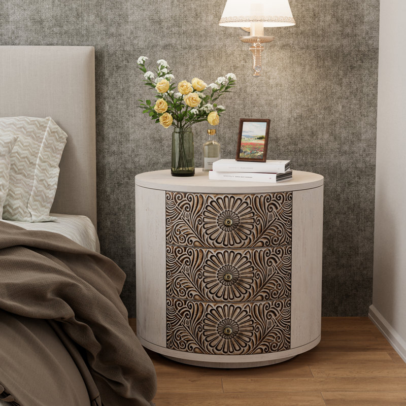 20“ Carved Wooden Round Nightstand with Three Drawers, Individual
