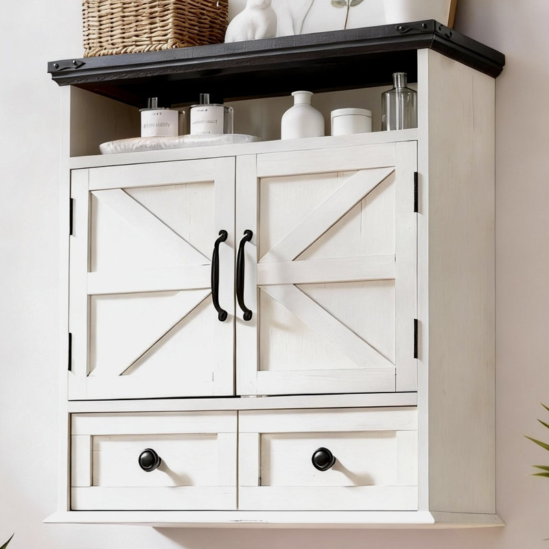Armoire de rangement murale avec tiroirs Farmhouse, Blanc cassé