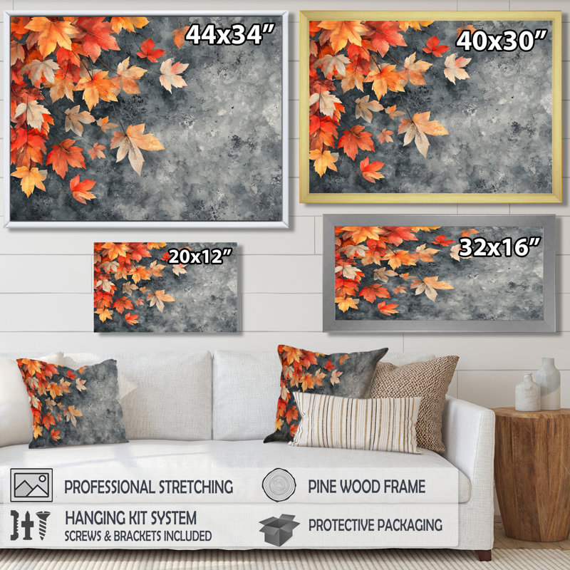 Orange orange feuilles V - feuilles, art mural, H 30 po x l 40 po, Impression encadrée flottante, Doré