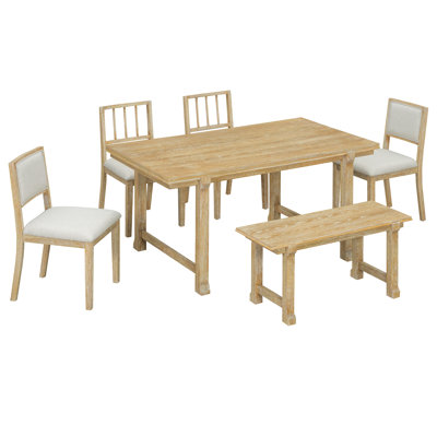 Ensemble de salle à manger de ferme 6 pièces avec table en bois massif, banc et 4 chaises, 6 sièges