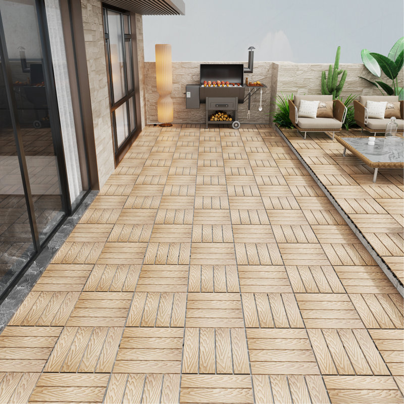 Floor Tiles Pack Of 22  WPC Wood-Plastic Composite Deck Tiles DIY Interlocking Decking Tiles, Teak