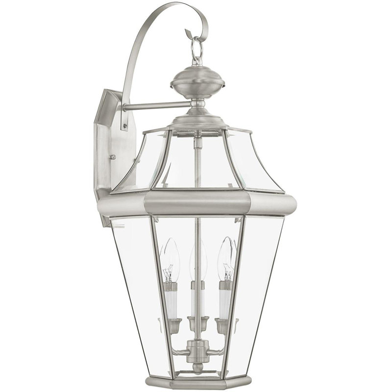 Lanterne murale d'extérieur 12,5 po 3 lumières suspendues - Abat-jour en verre biseauté transparent, Nickel brossé