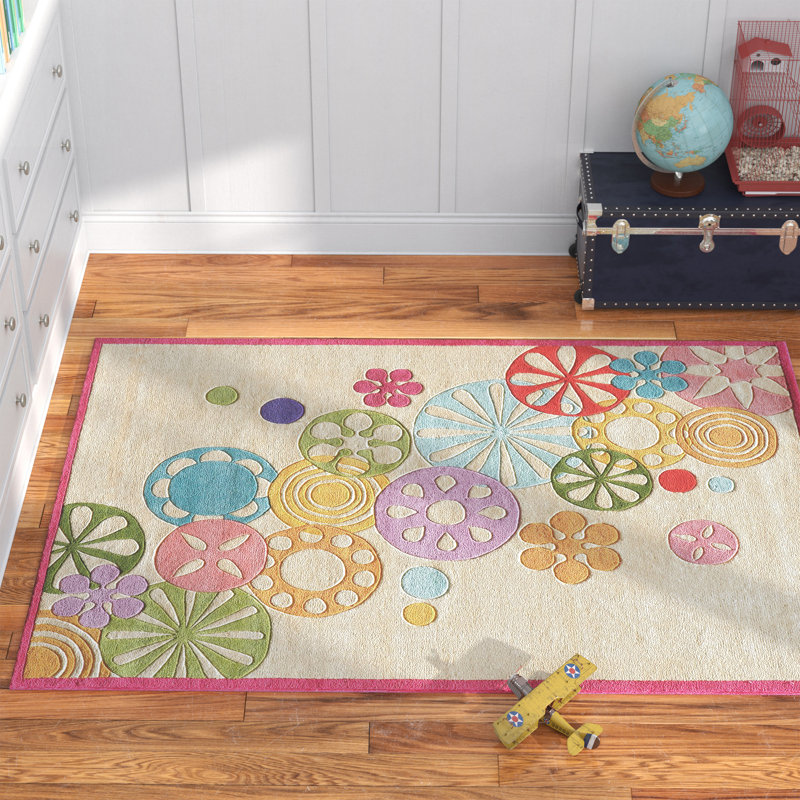Tapis touffeté à la main ivoire / jaune / rose Aiyla, Rectangle 3 pi x 5 pi