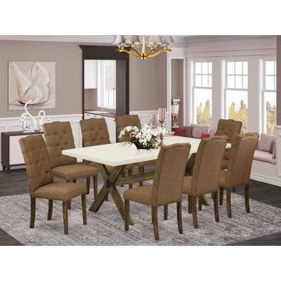 9 Piece Dining Set Includes a Rectangle Dining Room Table with X-Legs and 8 Brown Linen Fabric Upholstered Parson Chairs, Distressed Jacobean