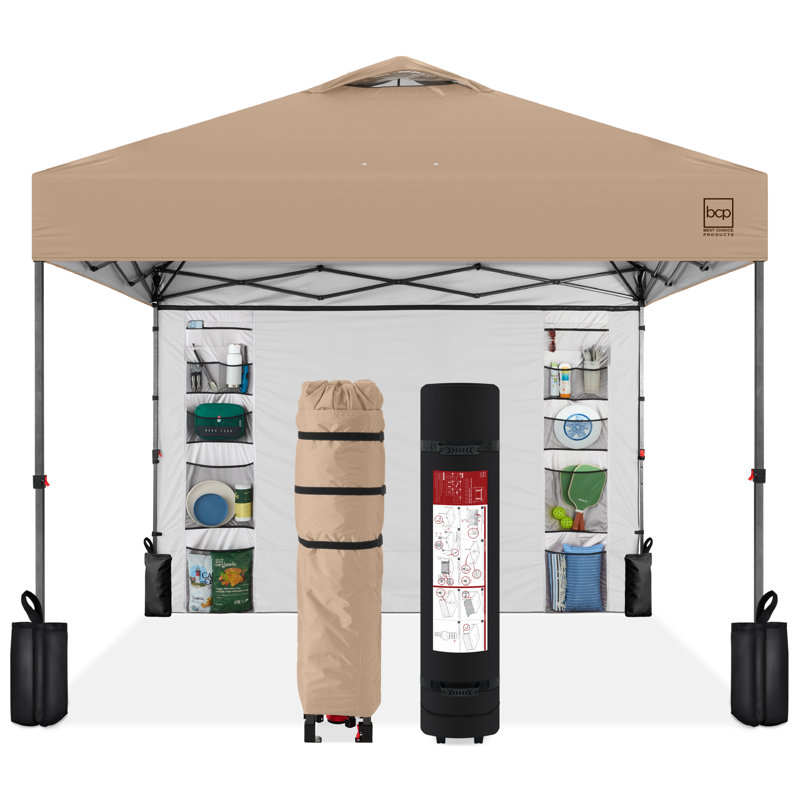 10X10ft Easy Setup Pop Up Canopy, Portable Tent W/ Side Wall, 1-Button Push, Case, Tan