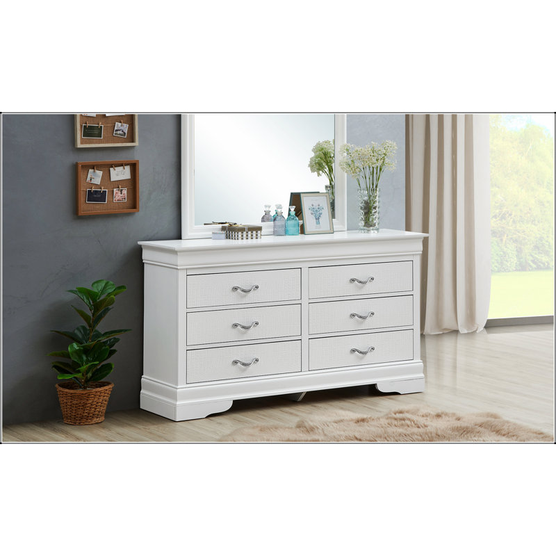 Commode Lorana G6590-D argent champagne avec poignées de tiroir chromées et faux cristaux décoratifs, finition texturée en relief
