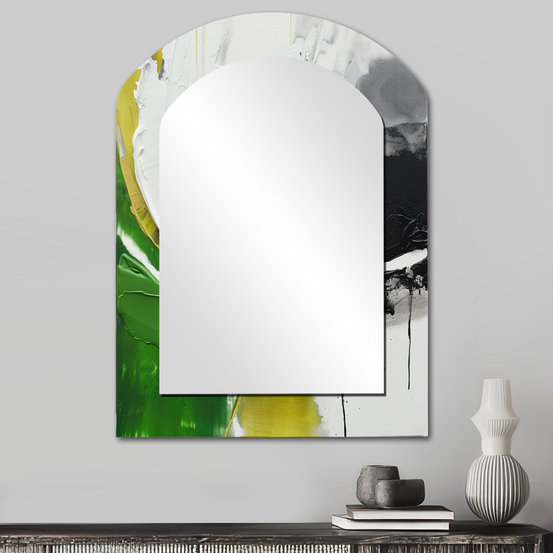 Vert et noir géométrique Enchantment II - miroir unique arche de marbre, grand miroir mural asymétrique vert, impression d'art en métal
